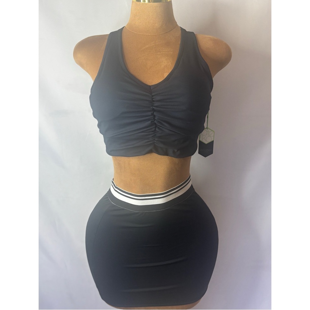 Black Ruched Crop Top and Skirt Set